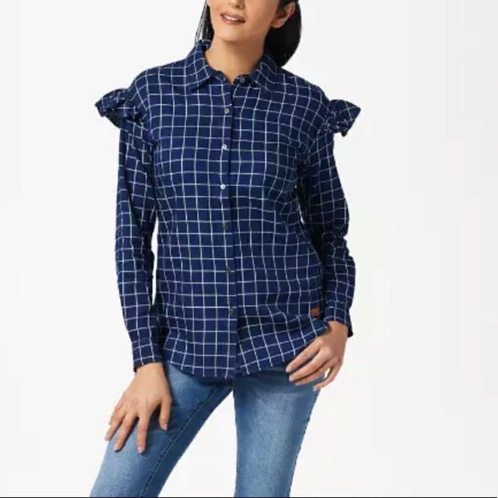 Peace Love World Plaid Printed Shirt w/ Ruffles
